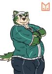  2020 anthro bottomwear bulge canid canine canis clothing domestic_dog fur green_body green_fur hi_res live-a-hero male mammal mokdai overweight overweight_anthro overweight_male pants red_panda_mirr simple_background solo video_games 