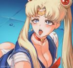  1girl ahegao bangs bishoujo_senshi_sailor_moon blonde_hair blue_eyes blue_sailor_collar blush breasts choker circlet cleavage collarbone commentary_request crescent crescent_earrings earrings hair_over_shoulder heart heart_choker jewelry koshio large_breasts long_hair panties red_choker sailor_collar sailor_moon sailor_moon_redraw_challenge sailor_senshi_uniform sketch skirt skirt_lift solo tile_floor tiles twintails underwear white_panties 