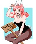  +_+ 1girl animal_ears bare_shoulders black_leotard blue_background boku_no_hero_academia breasts bunny_ears bunny_tail bunnysuit cleavage detached_collar fake_animal_ears hand_up hatsume_mei highres leotard long_hair looking_at_viewer medium_breasts open_mouth pantyhose pink_hair rinhakuto sign simple_background sitting solo symbol-shaped_pupils tail two-tone_background white_background wrist_cuffs 