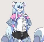  2020 6my anthro body_writing bottomwear bulge clothed clothing clothing_lift digital_media_(artwork) english_text felid fur girly grin hair hand_on_hip hi_res leopard_spots long_hair looking_at_viewer male mammal pantherine pecs pose resine shirt shirt_lift shorts simple_background smile snow_leopard solo solo_focus spots standing teeth teeth_showing text topwear white_body white_fur wristband 