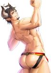  1boy ass bara barawa brown_eyes brown_hair bulge chest draph facial_hair flexing goatee granblue_fantasy horns jockstrap leaning_back male_focus manly muscle pointy_ears pose short_hair sideburns smirk solo thick_thighs thighs underwear waku_(ayamix) white_background 