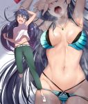  1girl aqua_eyes armpits arms_up ass_visible_through_thighs belt belt_buckle bikini black_hair blue_bikini blush bouncing_breasts bracelet breasts breasts_apart buckle collarbone condom_wrapper covering_face earrings fang ganaha_hibiki glint green_pants groin highres hoop_earrings idolmaster irohakaede jewelry leg_up long_hair lowleg lowleg_bikini lying medium_breasts multiple_views navel necklace on_back open_bikini open_clothes open_mouth pants running saliva shoes skindentation sneakers steaming_body stomach striped striped_bikini sweat swimsuit v-shaped_eyebrows very_long_hair white_footwear 