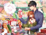  1boy 1girl belt black_hair blue_shirt blurry blurry_background bread brown_hair bunny candy chips cup food green_jacket height_difference iji_(u_mayday) indoors jacket jewelry li_zeyan lollipop long_sleeves love_and_producer milk potato_chips protagonist_(love_and_producer) ring shirt shopping_cart spring_onion standing 