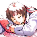  1girl brown_hair gloves kasugano_sakura long_sleeves parted_lips red_bandana red_gloves richard_suwono shirt short_hair sleeping sleeves_rolled_up solo street_fighter street_fighter_v white_shirt 