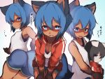  2020 abstract_background anthro blue_bottomwear blue_clothing blue_eyes blue_hair blue_shorts bottomwear brand_new_animal brown_body brown_fur canid canine clothed clothing digital_media_(artwork) female fur hair hi_res jacket japanese_text looking_at_viewer mammal michiru_kagemori open_mouth raccoon_dog red_jacket shirt shorts simple_background smile studio_trigger tabhead tanuki text topwear translation_request white_clothing white_shirt white_topwear 