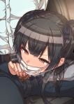  1boy 1girl bangs belt black_hair blush brown_eyes censored cum erere fellatio fellatio_under_mask hetero idolmaster idolmaster_shiny_colors long_hair mask mayuzumi_fuyuko mosaic_censoring oral penis sitting sweat twintails 