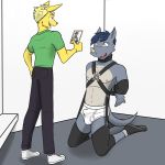  1:1 anthro anthrofied bondage_gear briefs cellphone clothed clothing collar duo eeveelution erection erection_under_clothing fully_clothed fuze hands_behind_back harness hi_res holding_cellphone holding_object holding_phone jolteon kneeling male male/male navel nintendo nipples phone pok&eacute;mon pok&eacute;mon_(species) recording rhydon size_difference small_dom_big_sub tenting tighty_whities topless underwear video_games white_clothing white_underwear 
