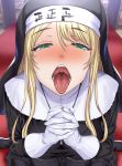  1girl aldehyde black_dress blonde_hair blush breasts dress from_above gloves green_eyes habit highres large_breasts long_hair long_sleeves nose_blush nun open_mouth oral_invitation original piercing saliva sidelocks solo tally tongue tongue_out tongue_piercing white_gloves 