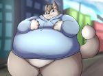  2020 absurd_res anthro belly biped blue_eyes bottomless canid canine canis clothed clothing domestic_dog featureless_crotch hi_res hoodie kemono kusosensei male mammal obese obese_anthro obese_male overweight overweight_anthro overweight_male solo topwear 