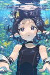  1girl animal bare_shoulders black_hair black_swimsuit bubble choker fish flat_chest highres long_hair looking_at_viewer narumi_arata one-piece_swimsuit open_mouth original pointy_ears reflection solo swimsuit underwear 