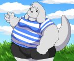  2020 absurd_res anthro bottomwear canid canine canis clothing domestic_dog grey_body hi_res kemono kusosensei male mammal outside overweight overweight_anthro overweight_male shirt shorts solo topwear 