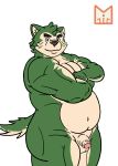  2020 anthro balls belly black_nose canid canine canis domestic_dog flaccid fur genitals green_body green_fur hi_res live-a-hero male mammal mokdai overweight overweight_anthro overweight_male penis red_panda_mirr simple_background solo video_games 