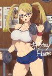  1girl bare_shoulders blue_eyes blue_shorts breasts cleavage cowboy_shot dumbbell exercise glasses highres large_breasts midriff murata_tefu navel open_mouth rainbow_mika short_shorts shorts sports_bra stomach street_fighter sweat tank_top thighs twintails weights wristband zangief 