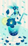  beads blue_flower blush bow bubble commentary_request doily drinking_straw flower food fruit gen_4_pokemon glaceon glass green_bow highres jippe leg_garter lime_(fruit) liquid looking_up no_humans petals pokemon pokemon_(creature) 