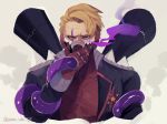  #compass 1boy blonde_hair brown_gloves facial_mark gloves gustav_heydrich highres male_focus mask poison purple_eyes solo tube twitter_username upper_body uppercut yusya11 