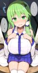  1girl blush breasts detached_sleeves eyebrows_visible_through_hair frog_hair_ornament green_eyes green_hair hair_ornament highres jakko kochiya_sanae large_breasts long_hair looking_at_viewer open_mouth sitting snake_hair_ornament solo speech_bubble sweat tears thighhighs thighs touhou translation_request wavy white_legwear 