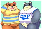  2020 absurd_res animal_crossing anthro brown_body brown_fur clothing curt_(animal_crossing) duo eyes_closed fur hi_res kemono kusosensei male mammal nintendo overweight overweight_male shirt teddy_(animal_crossing) topwear ursid video_games 