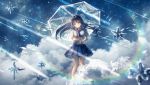  1girl absurdres bangs black_hair blue_eyes blue_skirt blunt_bangs cloud commentary_request fish hair_blowing head_tilt highres holding holding_umbrella huge_filesize ice_crystal kotomi_alpaca meteor meteor_shower original parasol parted_lips pleated_skirt sailor_collar scenery school_uniform serafuku shirt short_sleeves skirt sky standing star_(sky) star_(symbol) star_print starry_sky transparent transparent_umbrella umbrella white_shirt 