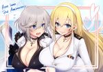  2girls absurdres anniversary azur_lane blonde_hair blue_eyes blush bra breasts choker cleavage commentary_request copyright_name eyebrows_visible_through_hair hair_between_eyes hairband heart highres kira_kazuki large_breasts long_hair looking_at_viewer mole mole_on_breast multiple_girls north_carolina_(azur_lane) open_mouth short_hair smile teeth tongue underwear upper_body washington_(azur_lane) white_hair 