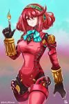  1girl aegis_(persona) android aqua_neckwear bangs breasts chest_jewel cowboy_shot fire fusion gradient gradient_background headphones highres joints mechanization medium_breasts narrow_waist persona persona_3 pyra_(xenoblade) pyrokinesis red_eyes red_hair robot_joints short_hair solo stoic_seraphim swept_bangs twitter_username xenoblade_chronicles_(series) xenoblade_chronicles_2 