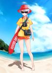  1girl absurdres barefoot beach binoculars blue_sky cloud commentary_request day fanny_pack fate/grand_order fate_(series) hat highres lifeguard long_hair looking_at_viewer ocean outdoors ponytail red_headwear red_shorts shirt shorts shoulder_strap silver_hair sky solo sunglasses tomoe_gozen_(fate/grand_order) vegetablenabe whistle whistle_around_neck yellow_shirt 