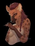  anthro black_nose braided_hair breasts brown_body brown_fur carduelis clothed clothing ear_piercing ear_ring female fur hair hi_res hyaenid mammal nipples piercing solo spots spotted_body spotted_fur spotted_hyena topless 