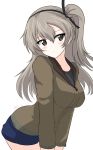  1girl absurdres aikir_(jml5160) bangs black_ribbon black_shirt blue_shorts blush brown_eyes brown_jacket closed_mouth cosplay denim denim_shorts eyebrows_visible_through_hair girls_und_panzer hair_ribbon head_tilt highres jacket kay_(girls_und_panzer) kay_(girls_und_panzer)_(cosplay) leaning_forward light_brown_hair long_hair long_sleeves looking_at_viewer military military_uniform one_side_up ribbon saunders_military_uniform shimada_arisu shirt short_shorts shorts solo standing twitter_username uniform 