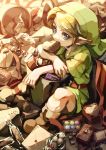  1boy bag bangs belt blonde_hair blue_eyes boots brown_belt brown_footwear candy chocolate chocolate_heart commentary_request food green_headwear green_shirt hat heart highres in_mouth kandori_makoto link looking_at_viewer male_focus mouth_hold pointy_ears shirt short_sleeves shorts sitting solo the_legend_of_zelda the_legend_of_zelda:_majora&#039;s_mask weapon 