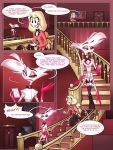  3:4 4_arms angel_dust charlie_(vivzmind) clothed clothing comic demon detailed_background dialogue duo english_text female hazbin_hotel hi_res humanoid inside madelezabeth male multi_arm multi_limb stairs text 