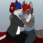  1:1 anthro blue_hair blush breasts clothed clothing duo eyes_closed female foxenawolf hair licking male male/female mammal red_hair tongue tongue_out 