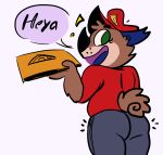  (crimson anthro bottomwear bulge butt canid canine canis clothing comic crimson_hound delivery_(commerce) delivery_employee dizzysauce_nsfw domestic_dog food food_carrier food_delivery green_eyes hat headgear headwear hi_res hound) male mammal pants pizza pizza_delivery pizza_delivery_carrier red_clothing red_shirt red_topwear shirt smile topwear 