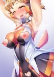  1girl armpits arms_up bodysuit breasts brown_hair censored hair_ornament hairclip headgear heart_cutout highres impossible_bodysuit impossible_clothes katourennyu large_breasts looking_at_viewer nipple_cutout nipples open_mouth orange_bodysuit orange_eyes pussy pussy_cutout senki_zesshou_symphogear shiny shiny_clothes shiny_hair shiny_skin short_hair skin_tight sleeveless smile solo standing steaming_body tachibana_hibiki_(symphogear) 