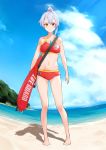  1girl absurdres bare_shoulders barefoot beach bikini binoculars blue_sky cloud collarbone commentary_request day fate/grand_order fate_(series) highres lifeguard long_hair looking_at_viewer midriff navel ocean orange_eyes outdoors ponytail red_bikini silver_hair sky solo swimsuit tomoe_gozen_(fate/grand_order) vegetablenabe whistle whistle_around_neck 