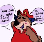  (crimson anthro bulge canid canine canis clothing comic crimson_hound delivery_(commerce) delivery_employee dizzysauce_nsfw domestic_dog english_text food food_carrier food_delivery green_eyes hat headgear headwear hi_res hound) male mammal pizza pizza_delivery pizza_delivery_carrier red_clothing red_shirt red_topwear shirt smile text topwear 