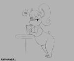  angry bendy_straw beverage bimbofication bottomless butt clothed clothing cross-popping_vein drinking hair leaning leaning_on_table monochrome nude r3drunner simple_background sketch soda solo speech_bubble straw vein 