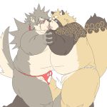  1:1 2020 anthro asian_clothing brown_body brown_fur bulge canid canine canis clothing domestic_dog duo east_asian_clothing fundoshi fur gyobu hi_res hottophoto japanese_clothing kemono male male/male mammal overweight overweight_male raccoon_dog scar shino_(housamo) simple_background tanuki tokyo_afterschool_summoners tongue underwear video_games white_background 