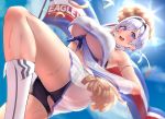  1girl arm_up armpits azur_lane beltbra breasts cheering cheerleader crop_top crop_top_overhang eagle_union_(emblem) highres holding holding_pom_poms large_breasts midriff miniskirt navel open_mouth parted_hair pleated_skirt pom_poms purple_sash reno_(azur_lane) reno_(biggest_little_cheerleader)_(azur_lane) sash see-through_skirt see-through_sleeves sheer_clothes shirt short_hair skirt sleeveless sleeveless_shirt smile standing standing_on_one_leg underboob ushimittsu 