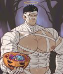  1boy absurdres bandages bara black_hair chest covered_abs covered_navel facial_hair halloween halloween_costume halo highres k_sen212 male_focus manly mummy_costume muscle nipples pectorals pumpkin short_hair sideburns solo stubble tokyo_houkago_summoners upper_body yellow_eyes zabaniya_(tokyo_houkago_summoners) 