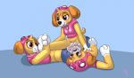  anthro bound canid canine canis clothing cockapoo collar costume dog_tags domestic_dog encasement female fur fursuit genitals group kastmi mammal mixed_breed paw_patrol pawpads pink_vest plushsuit pussy skye_(paw_patrol) yellow_body yellow_fur 