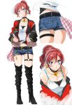  1girl absurdres belt_buckle black_choker black_legwear boots breasts buckle choker cleavage denim denim_shorts earrings hair_ornament hairclip hands_in_pockets high_heel_boots high_heels highres jacket jewelry love_live! love_live!_school_idol_project medium_breasts midriff multiple_views navel nishikino_maki open_clothes open_jacket ponytail purple_eyes red_hair shogo_(4274732) shorts thigh_boots thigh_strap thighhighs 