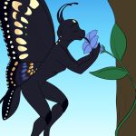  1:1 anthro arthropod black_body breasts butterfly eyes_closed female flower foxenawolf gradient_background insect lepidopteran lepidopteran_wings non-mammal_breasts plant simple_background solo wings 