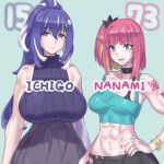  2girls abs aqua_eyes blonde_hair blue_eyes blue_hair breasts collar colored_tips cowboy_shot highres huge_breasts ichigo_(mizuumi_(bb)) long_hair looking_at_viewer mizuumi_(bb) multicolored_hair multiple_girls multiple_views muscle muscular_female nanami_(mizuumi_(bb)) original pink_hair ponytail shoes shoulder_tattoo side_ponytail simple_background single_sleeve smile streaked_hair tattoo thighhighs two-tone_hair white_hair yuri 