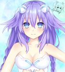  1girl alternate_costume artist_name bangs bare_shoulders blue_background blue_eyes blush braid breasts cleavage closed_mouth collarbone english_commentary eyebrows_visible_through_hair hair_between_eyes hair_ornament highres long_hair looking_at_viewer medium_breasts neptune_(series) power_symbol purple_hair purple_heart smile solo spleeny symbol-shaped_pupils twin_braids upper_body very_long_hair 