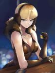  1girl alcohol black_dress blonde_hair blue_eyes breasts cellphone cleavage cup dress drink drinking_glass elesa_(pokemon) english_commentary headphones highres holding holding_drink light_smile looking_at_viewer medium_breasts phone pokemon pokemon_(game) pokemon_bw pov_dating shot_glass smartphone solo the_kingduke 