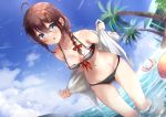  aliasing anthropomorphism bikini kantai_collection open_shirt shigure_(kancolle) swimsuit tagme_(artist) tree water wet 