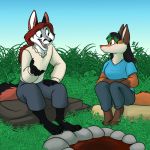  1:1 anthro black_hair breasts canid canine duo female fire_pit fox foxenawolf fur gloves_(marking) grey_body grey_fur hair mammal markings open_mouth orange_body orange_fur red_hair socks-the-fox 