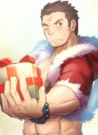  1boy abs bara brown_hair chest christmas facial_hair forehead_scar fur_trim gift looking_at_viewer male_focus manly muscle oniwaka_(tokyo_houkago_summoners) pectorals santa_costume short_hair sideburns solo stubble thick_eyebrows tokyo_houkago_summoners upper_body waku_(ayamix) 