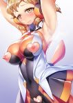  1girl armpits arms_up bodysuit breasts brown_hair censored closed_mouth hair_ornament hairclip headgear heart_cutout highres impossible_bodysuit impossible_clothes katourennyu large_breasts looking_at_viewer nipple_cutout nipples orange_bodysuit orange_eyes pussy pussy_cutout senki_zesshou_symphogear shiny shiny_clothes shiny_hair shiny_skin short_hair skin_tight sleeveless smile solo standing steaming_body tachibana_hibiki_(symphogear) 