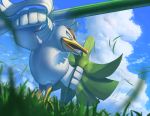  bird cloud commentary_request day from_below gen_8_pokemon grass holding holding_weapon no_humans open_mouth outdoors pokemon pokemon_(creature) shield sirfetch&#039;d sky spring_onion supearibu weapon 