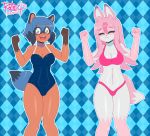  animated anthro bikini blue_hair brand_new_animal brown_body brown_fur canid canine clothing female fox fur hair long_hair mammal michiru_kagemori nazuna_hiwatashi one-piece_swimsuit pink_body pink_fur pink_hair plantigrade raccoon_dog razplus short_hair short_playtime smile studio_trigger swimwear tanuki 